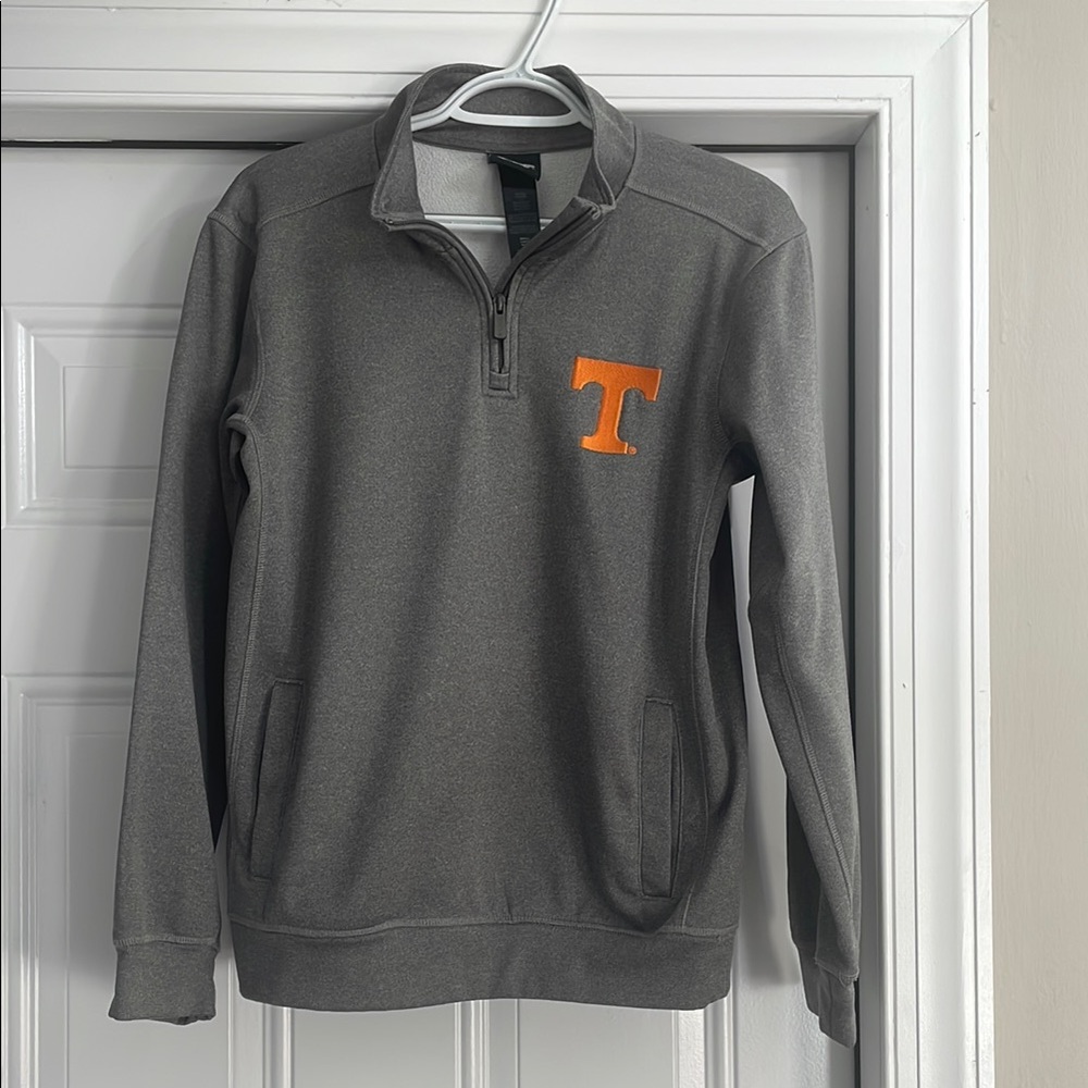Gray Quarter-Zip Sweater with Orange Logo